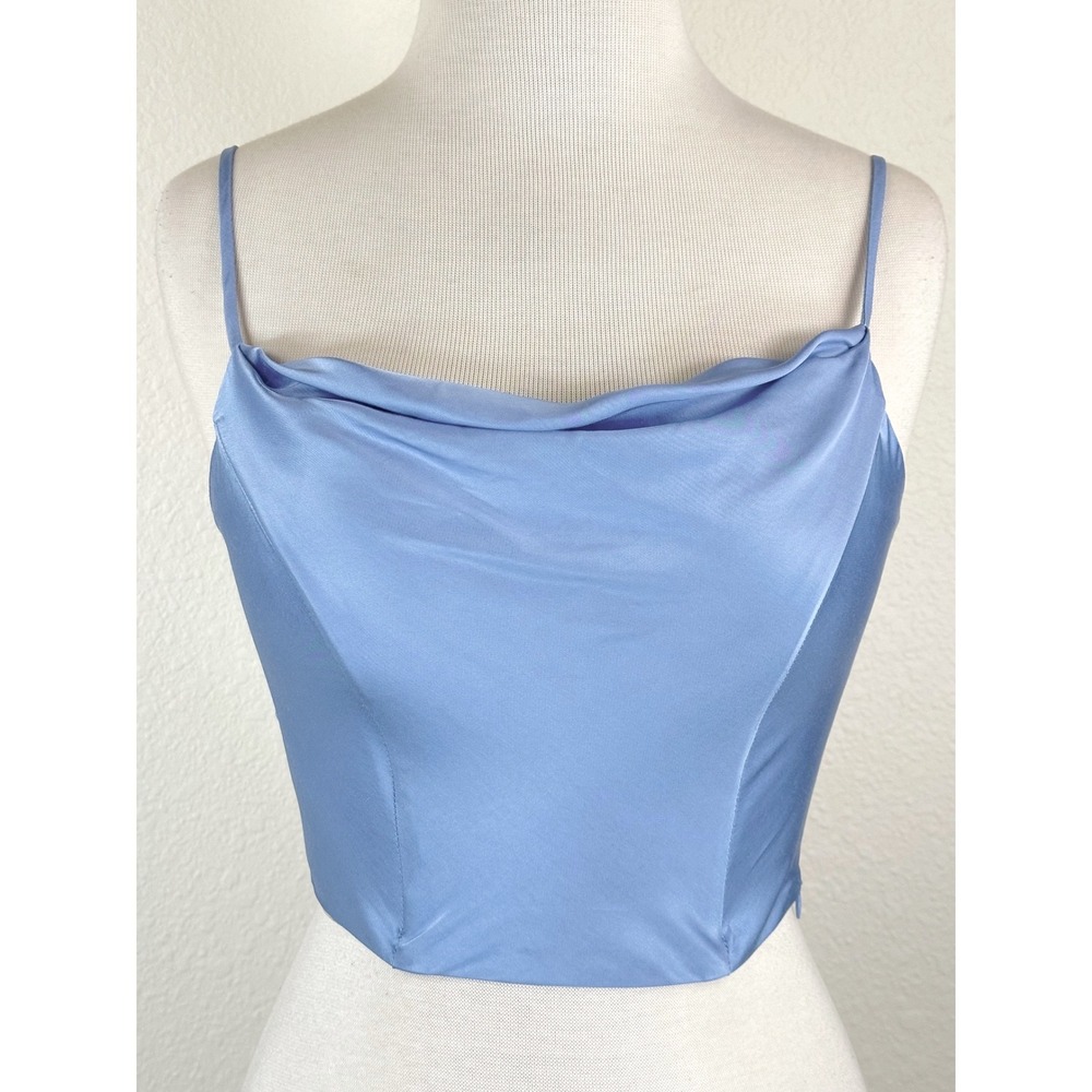 ASTR The Label Sky Blue Satin Cowl Neck Crop Top Smocked Back Cami XS